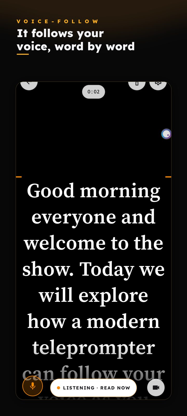 Teleprompter app for Android, listening mode: the script scrolls as you speak
