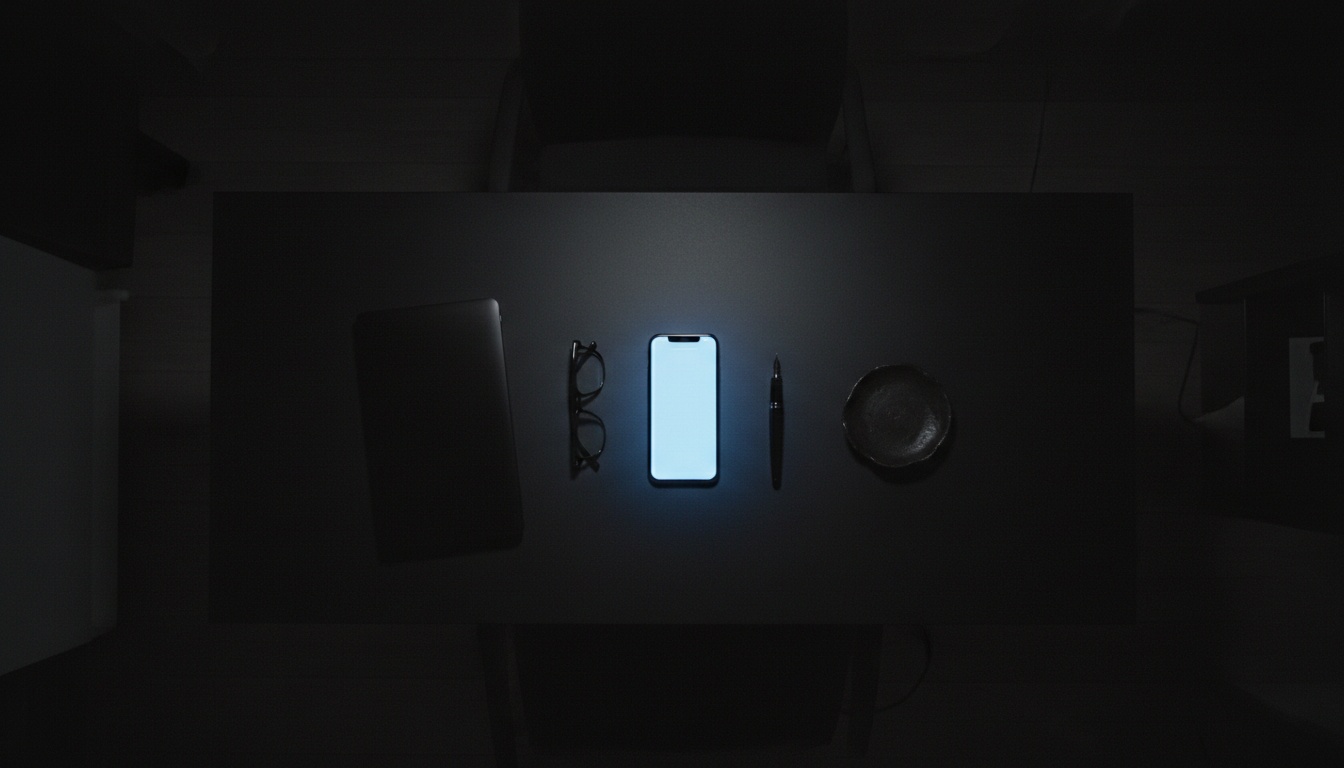 A desk at night, lit by a single phone screen