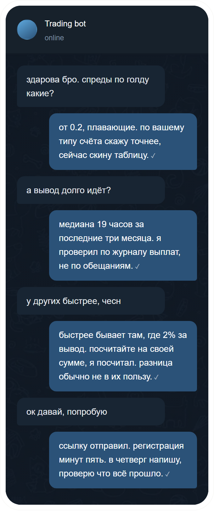 Telegram thread: a prospect asks about gold spreads in Russian and the agent answers with a figure and the condition attached to it