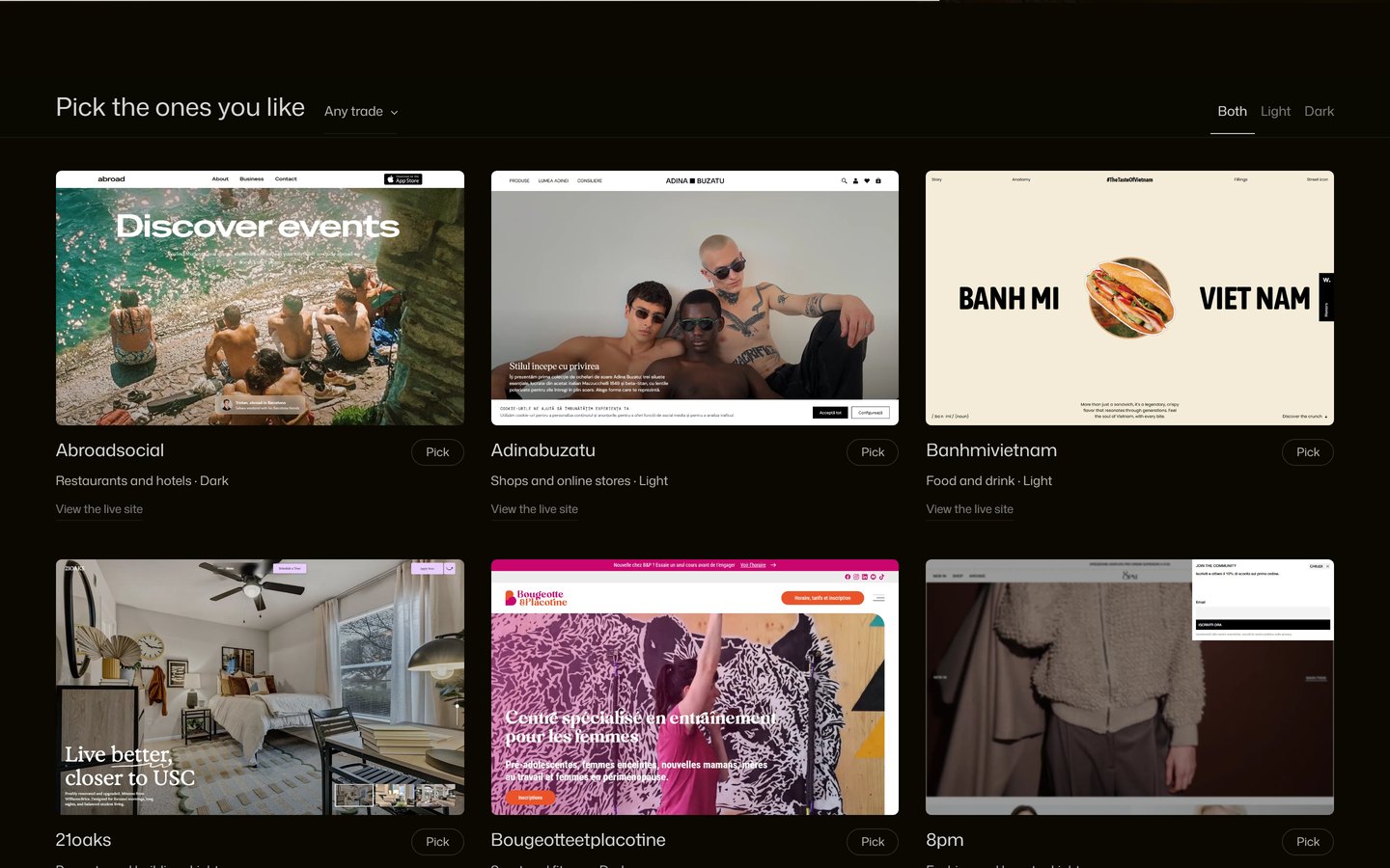 The design picker: real websites measured by a headless browser and sorted by trade
